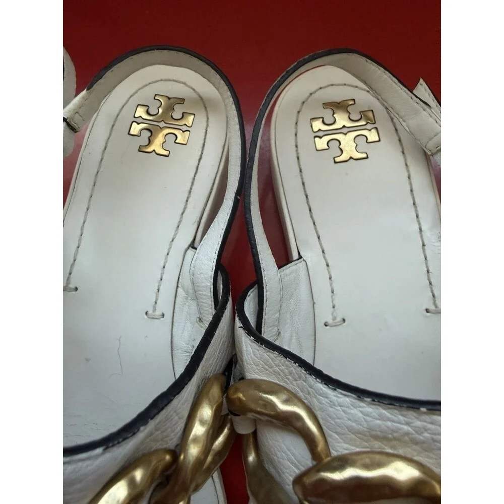 Tory Burch Adrien Chain Sandal Ivory Leather Gold Medallion Size 8M Casual - Picture 2 of 11
